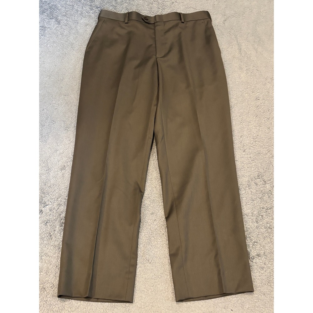 Bachrach Mens 34W 30L Wool Dress Pants Olive Brown Flat Front Trousers 40R 34W